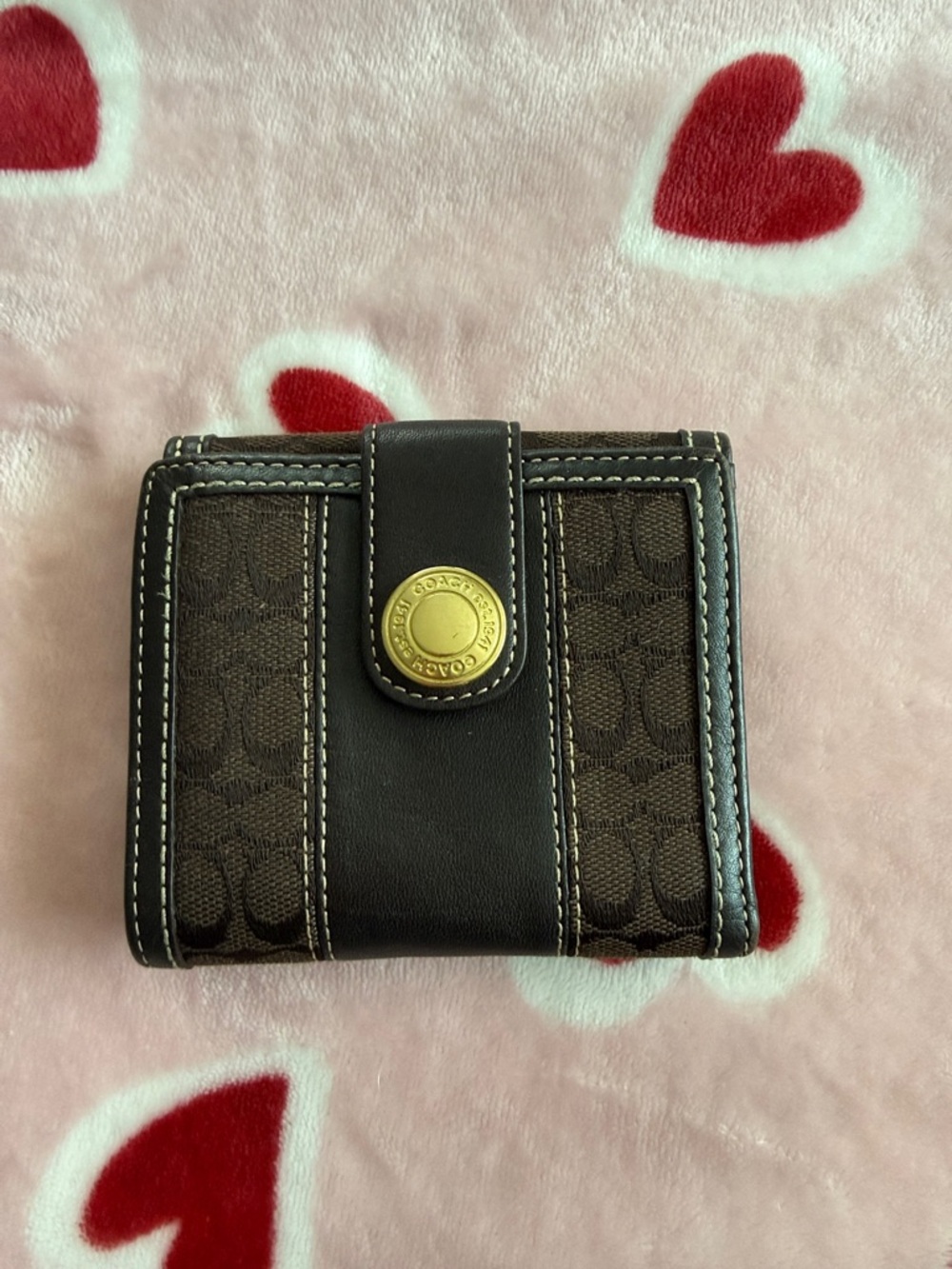 Coach Brown Signature Canvas and Leather Bifold Wallet with Gold-Tone Snap